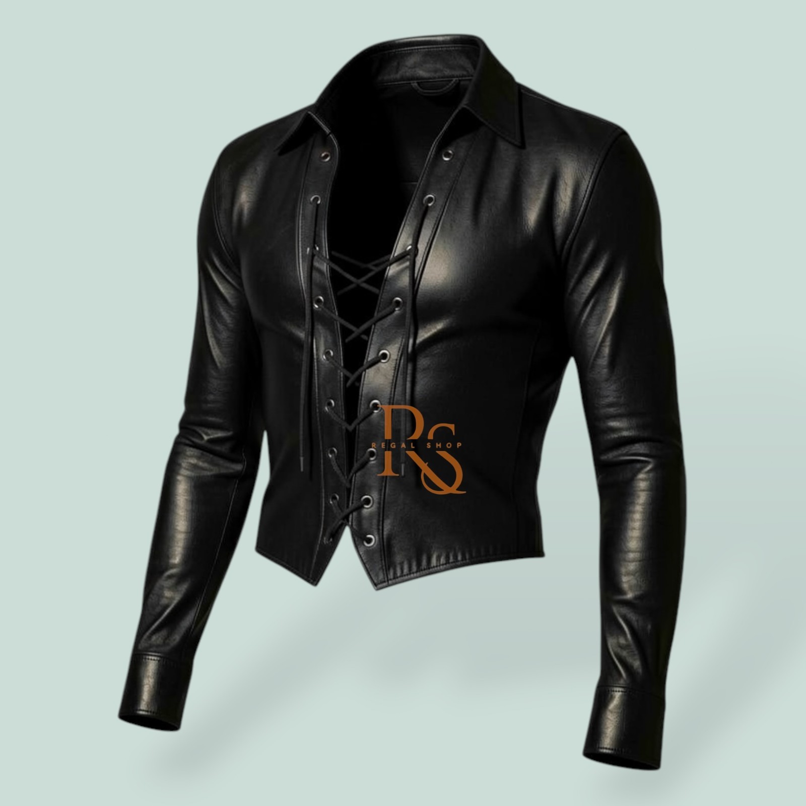 Men’s Gay Clubwear Top Genuine Lambskin Leather Lace-Up Shirt Slim Fit Black