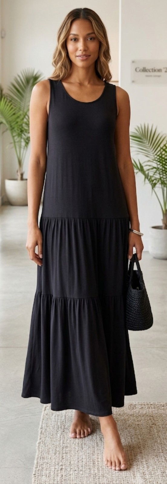 TEXTILE Elizabeth and James Sleeveless Black Boho Tiered Maxi Dress Sz Large