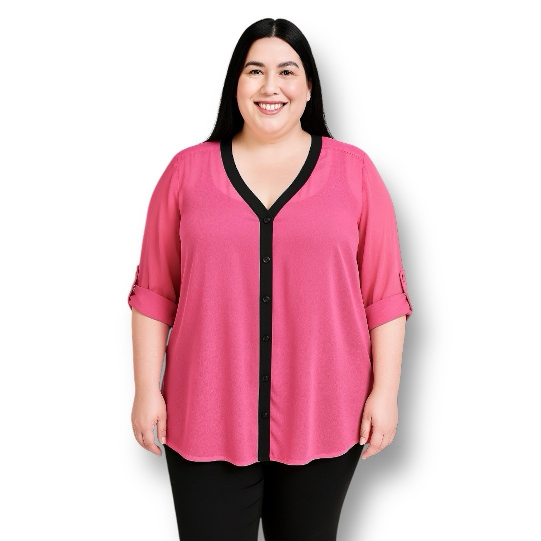 Torrid Pink Sheer Blouse Black Trim Button Front Back Slit Layering Y2K Boho 0X