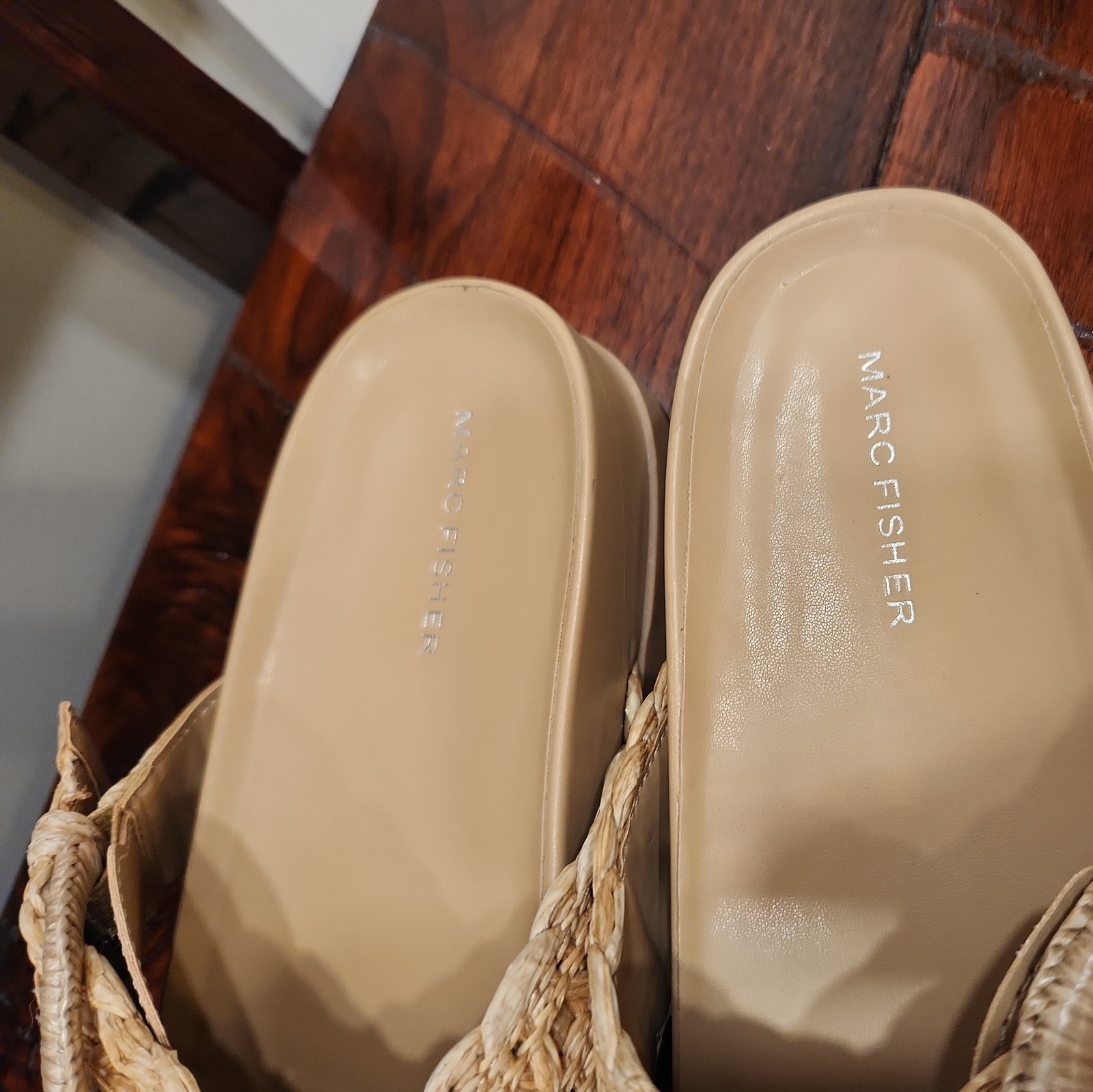 Marc Fisher Welti Sandals Slip On Slide Platform Wedge Tan Straw Buckle 8.5