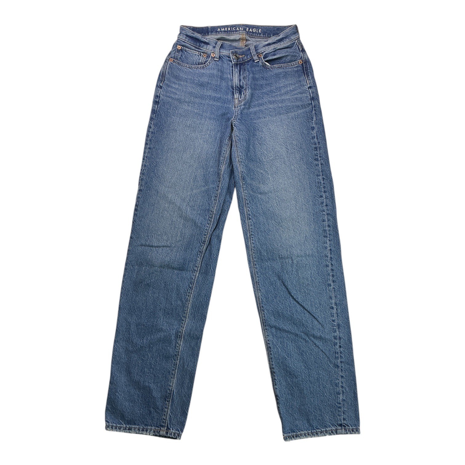 American Eagle Blue Baggy Jean Womens 2 Mid Rise Wide Leg Medium Wash Distressed