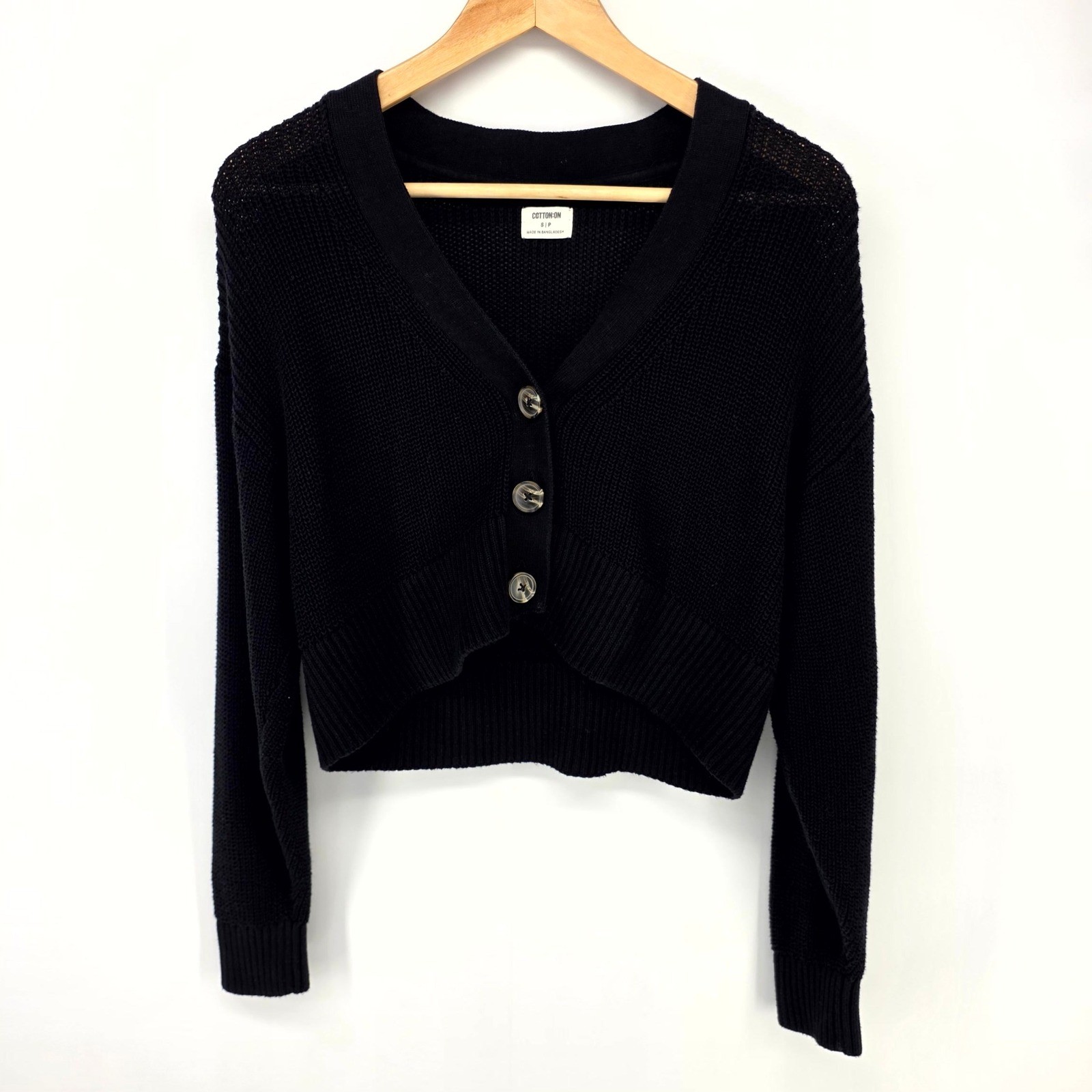 Cotton On Cardigan Women S Black Cropped Shaker Knit V-Neck Button Front Sweater