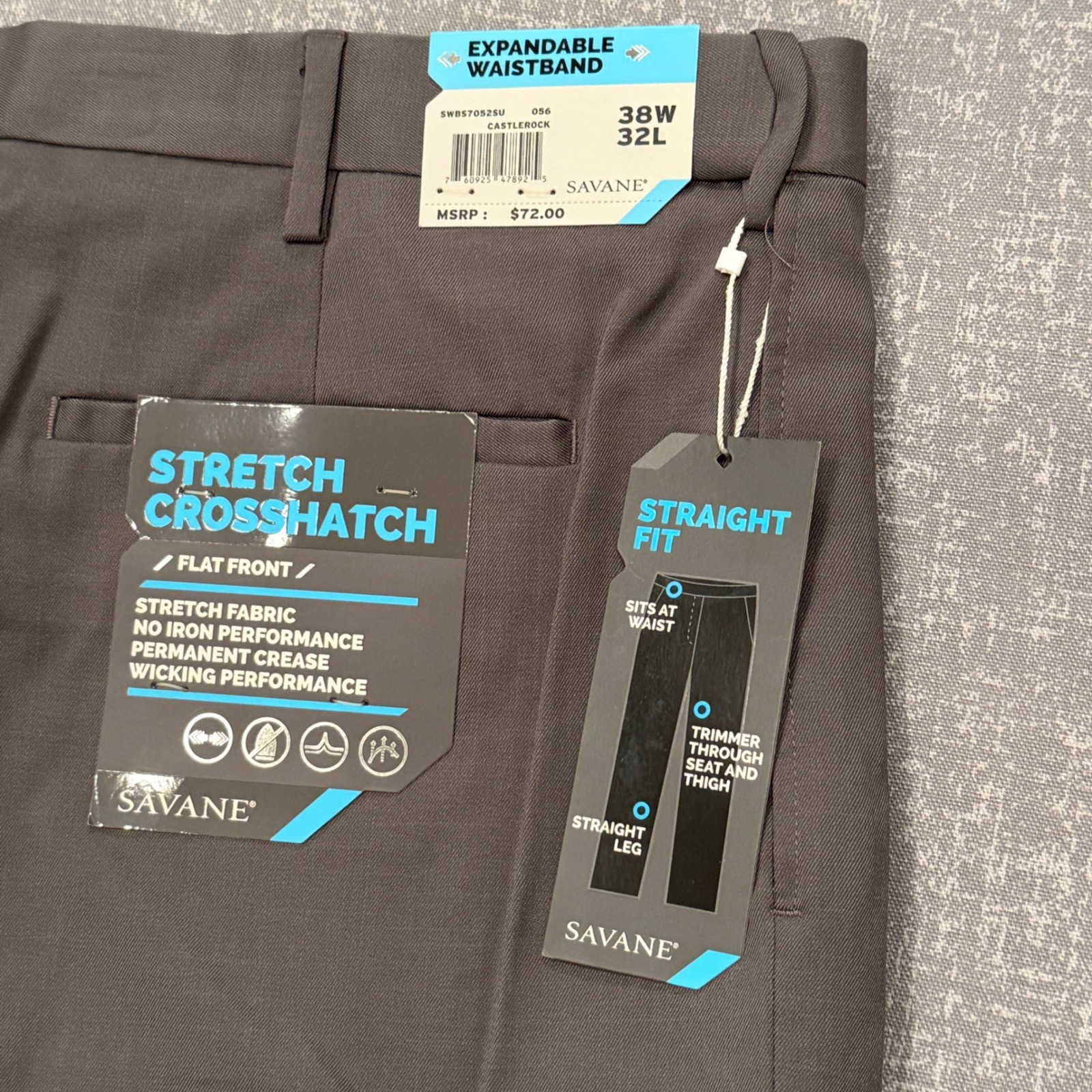 Savane Mens Stretch Crosshatch Dress Pants 38×32 Castlerock Grey Straight NWT