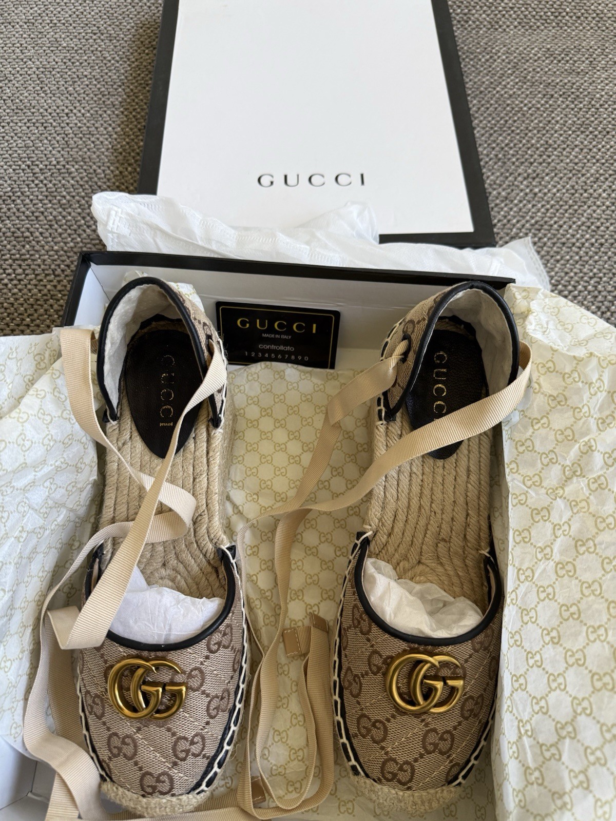 Gucci GG Marmont Canvas Ankle-Tie Platform Espadrille Wedges Size 39 / US 8.5
