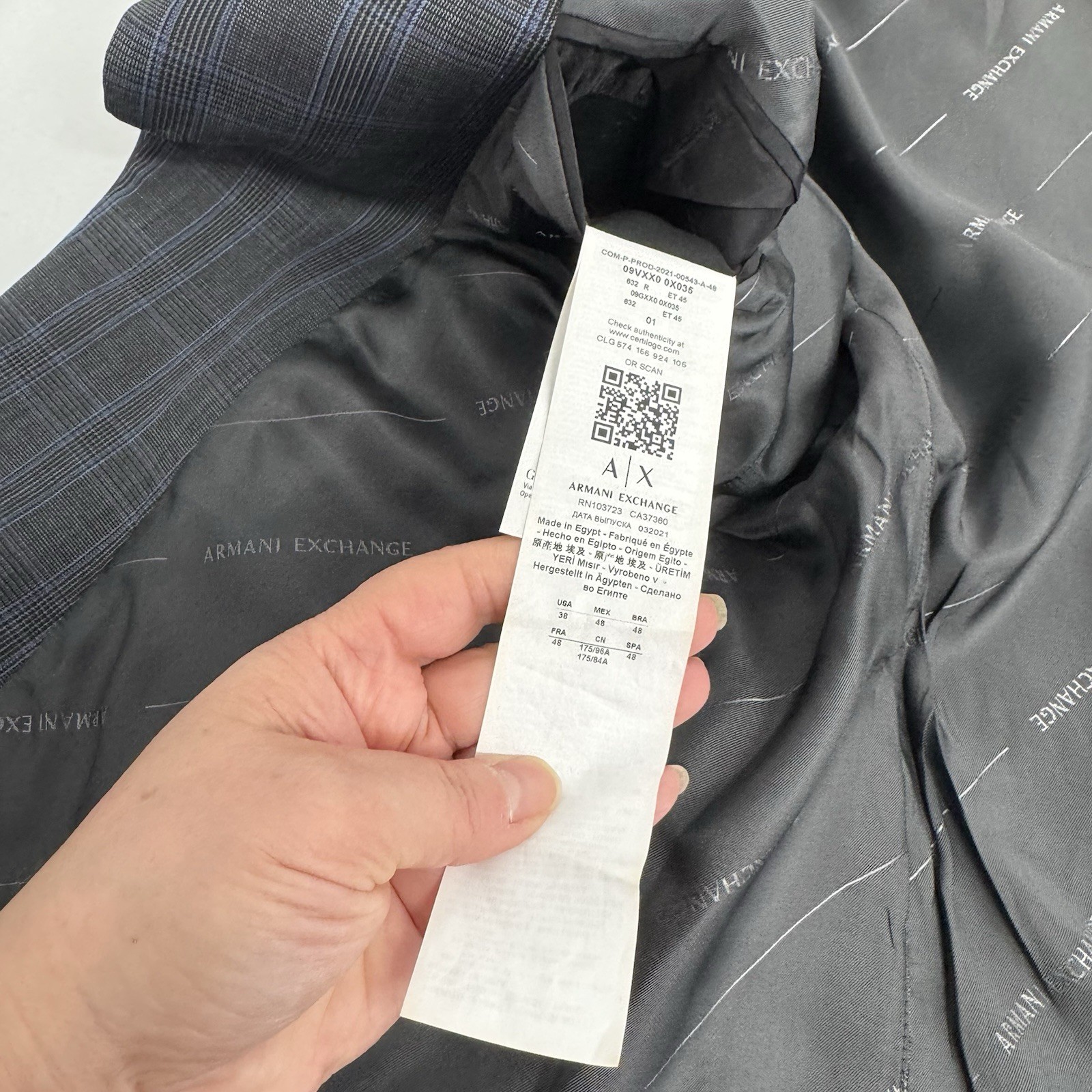 Armani Exchange 2 Piece Wool Suit 38 Pants 30WX 29L Gray/Blue Plaid