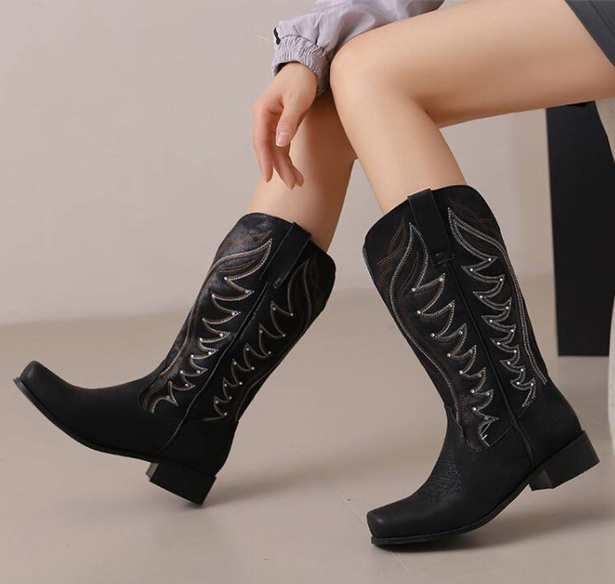 Cowboy Women Square Toe Block Heel Mid Calf Riding Boot Embroidery Shoes Western