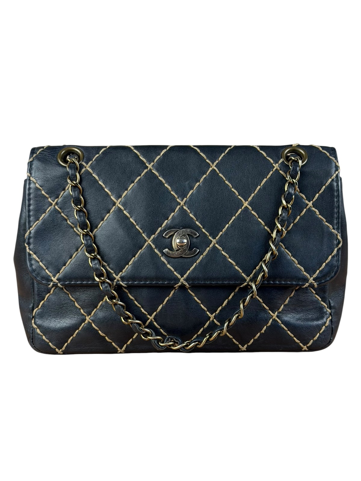 Size OS – Chanel Vintage Navy Blue Leather Wild Stitch Surpique Flap Bag 2001 /