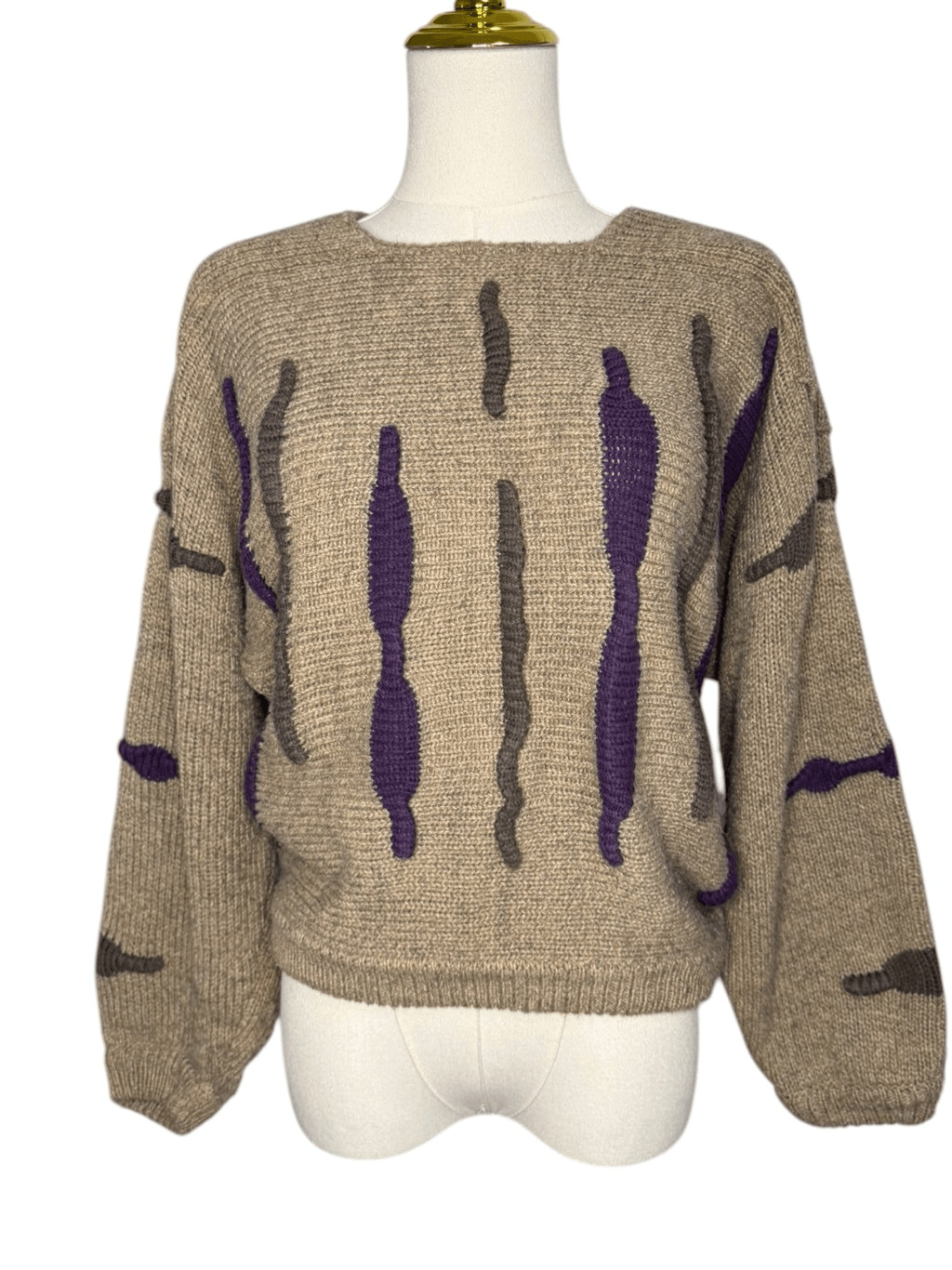 Vintage Jagged Stripe Knit Sweater Women’s OS Beige Wool Blend 90s Artsy Grunge