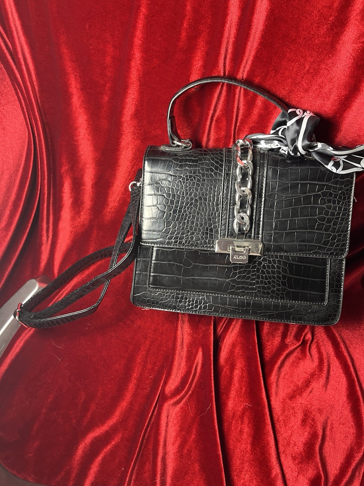 ALDO Anniebrook handbag With Strap Black Satchel Cross Body Scarf Faux Leather