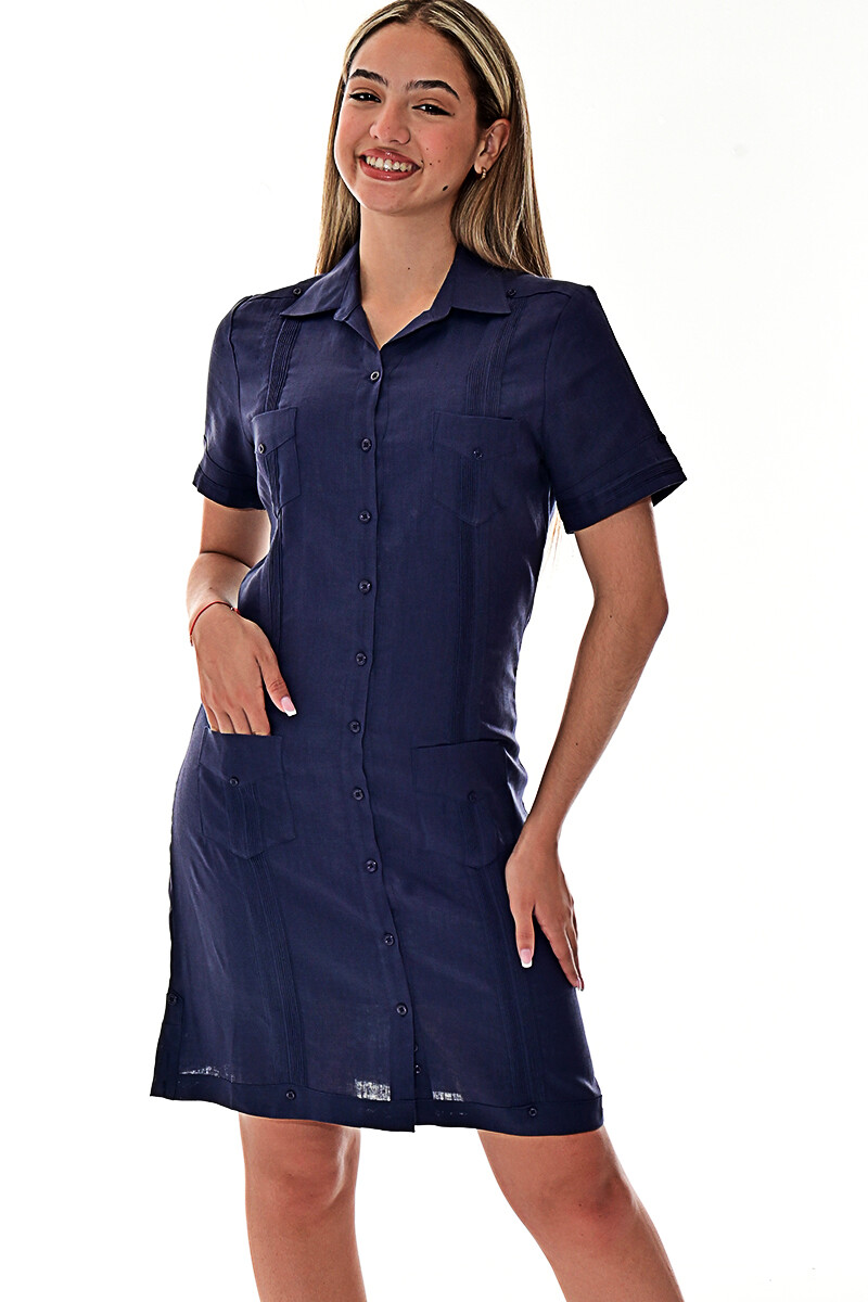 Ladies NAVY 100% Soft Linen Traditional (4) Pocket Guayabera Dress – LLGD3010