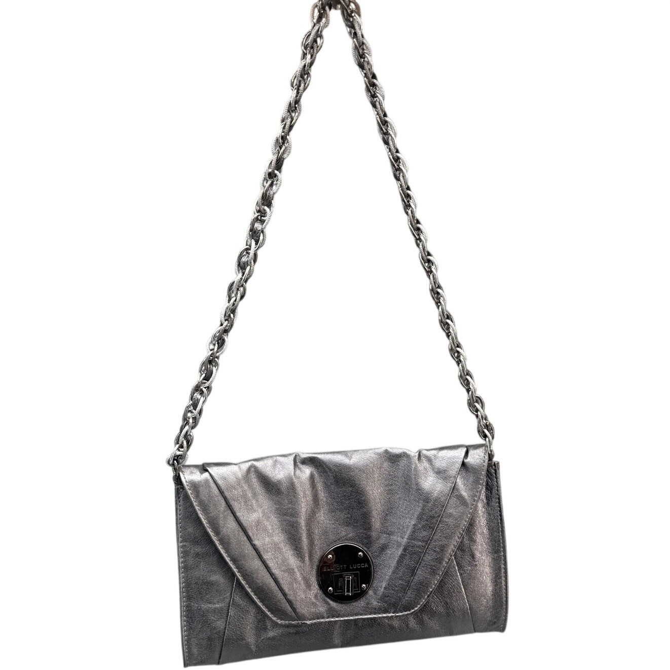 Elliott Lucca Metallic Silver Leather Turn-Lock Closure Clutch Shoulder Bag