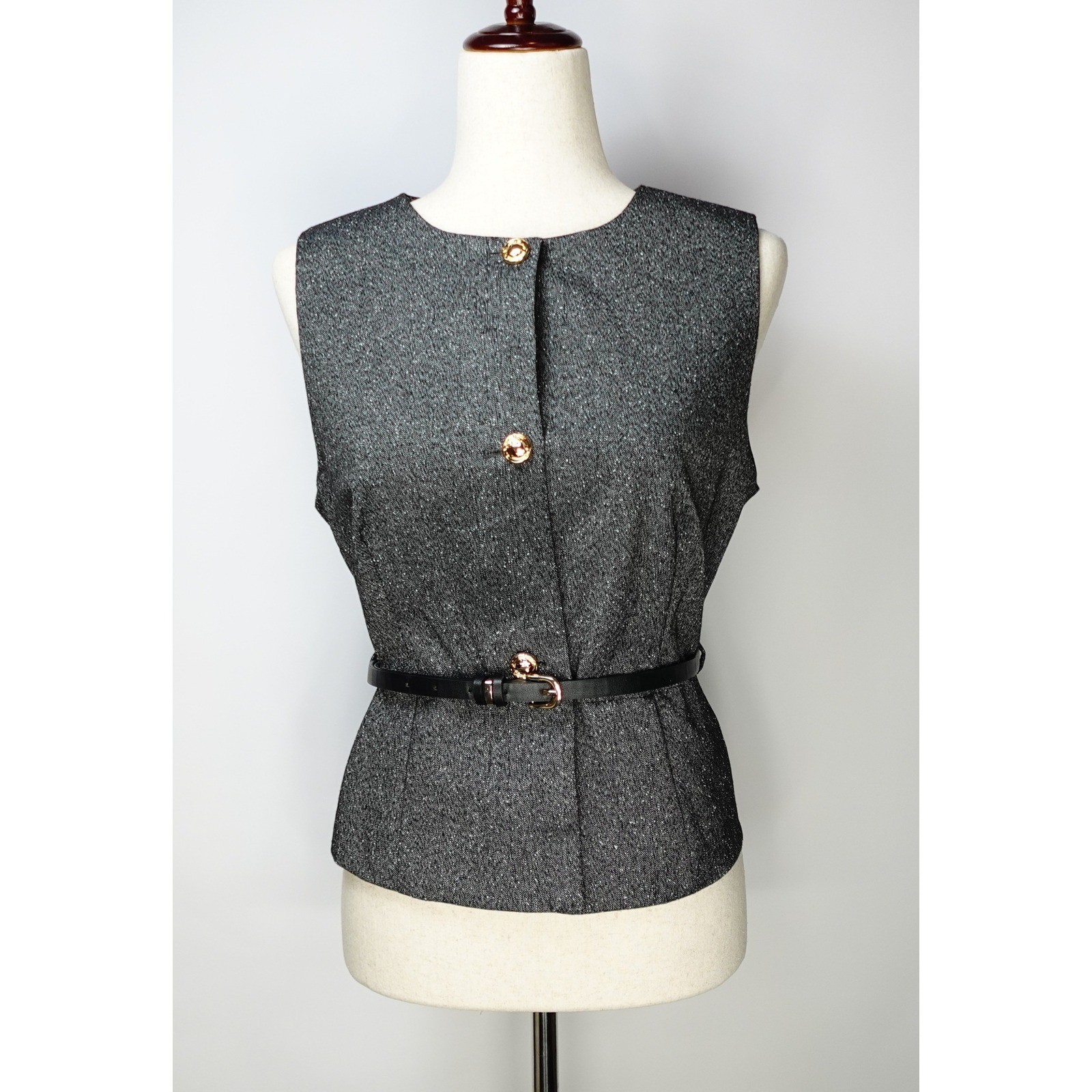 Zara Belted Textured Vest Top Grey Herringbone Gold Button Sleeveless Waistcoat