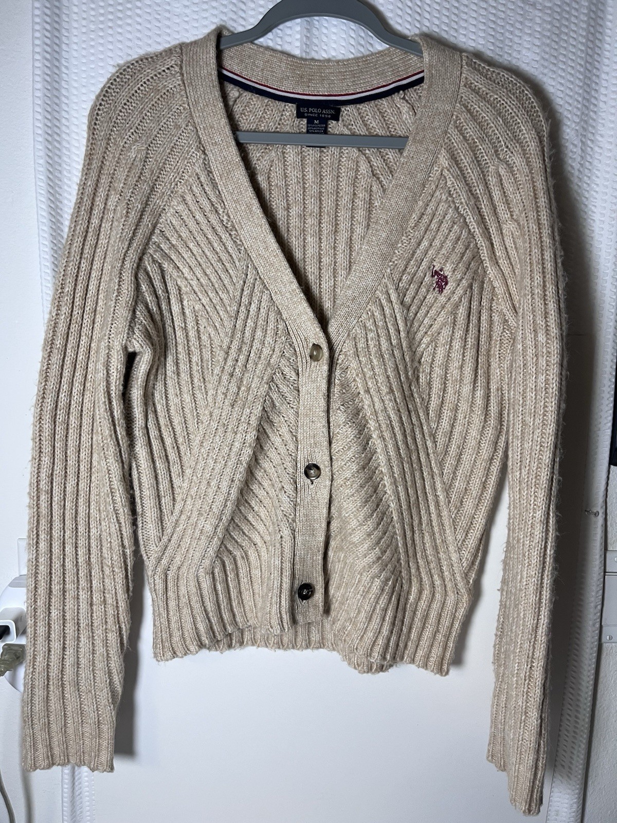 U.S. Polo Assn. Chunky Ribbed Knit Cardigan Oatmeal Beige Coastal Grandmother
