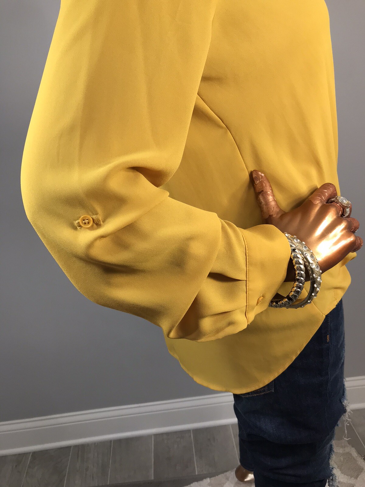 Pleione S Top Mustard Long Slvs Low V Cut Crossbody Blouse NWT High Low