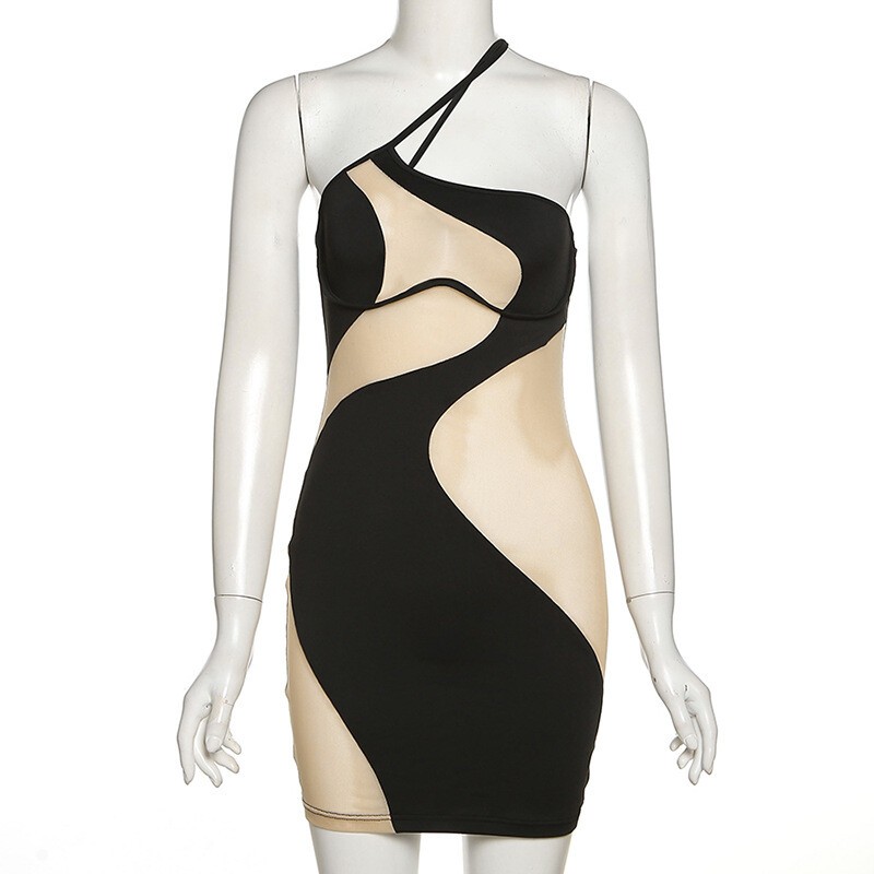 Sexy Women Sleeveless One-shoulder Mesh See-through Patchwork Bodycon Mini Dress