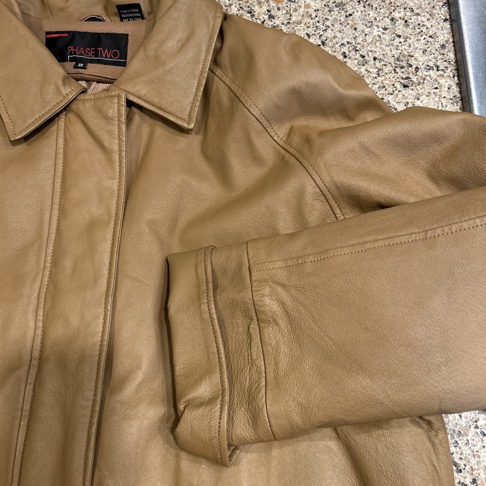 Vintage Phase Two 3X Brown Camel Leather Coat Mid Thigh Length GUC Zip Front