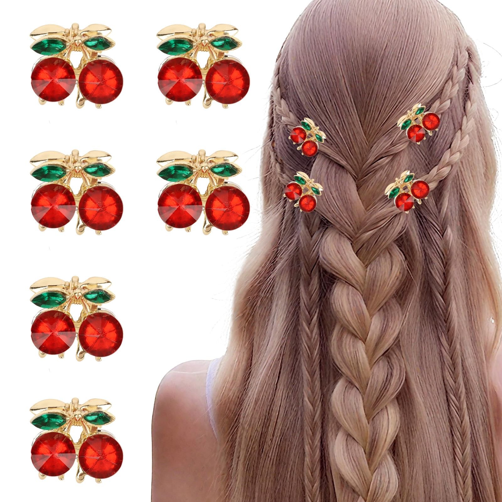 6Pcs Small Cherry Hair Clips Rhinestone 1 Count (Pack of 6), red