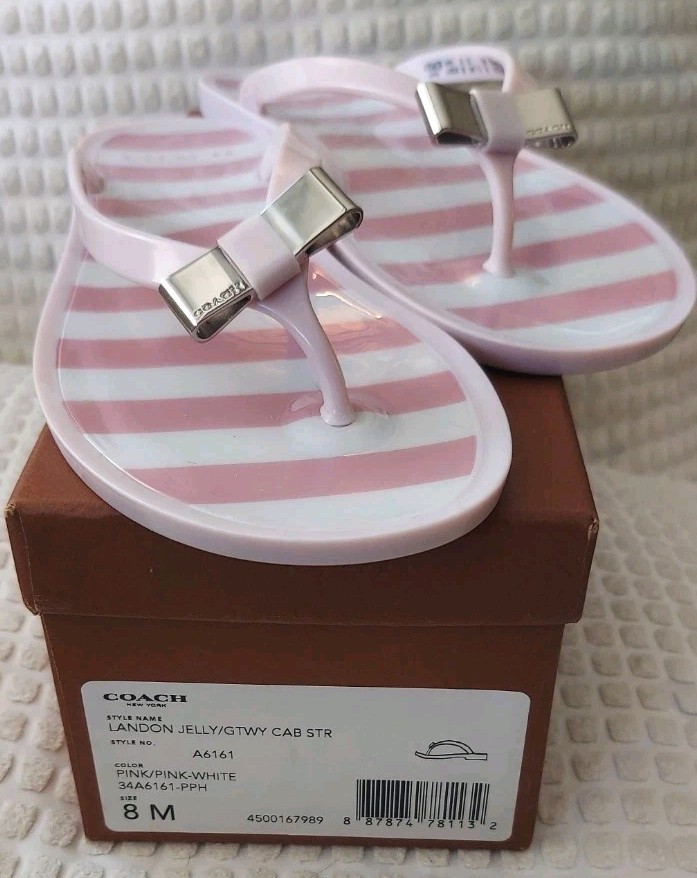 Coach Landon Jelly Flip Flop Pink Stripe 8M With Box