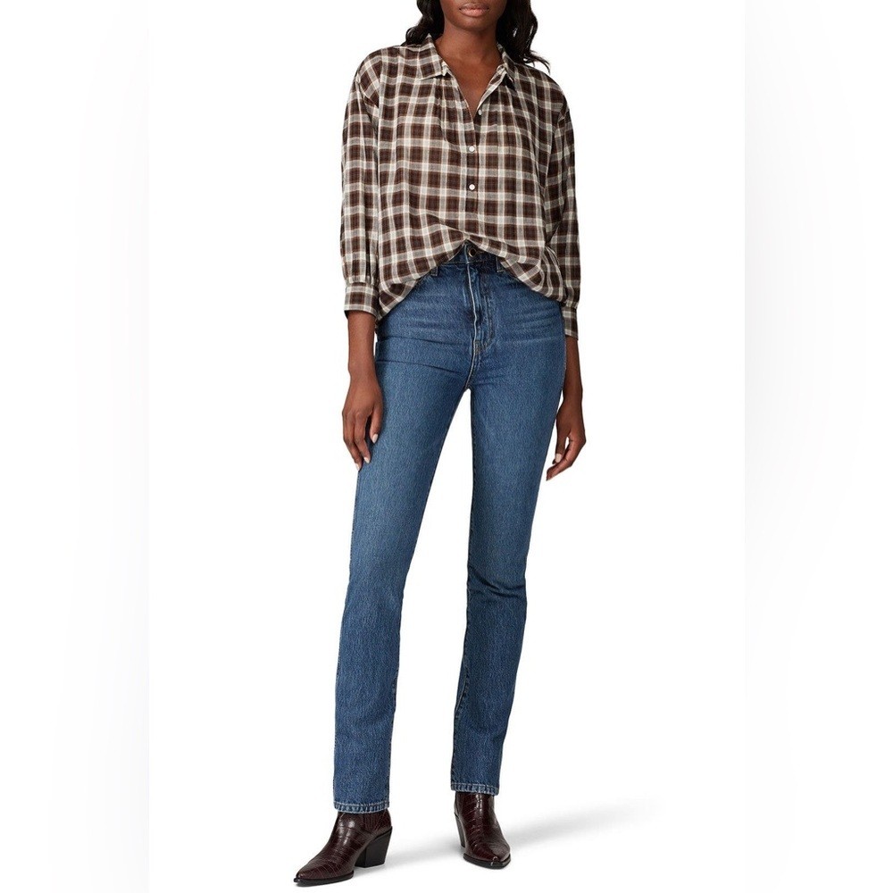 Nili Lotan Myra Brown Plaid Button-Down Shirt in size Small