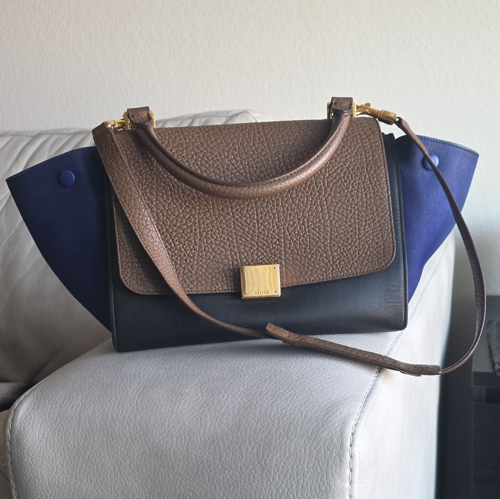 CELINE Trapeze Colorblock Satchel Top Handle Bag Detachable Strap Zip Lock