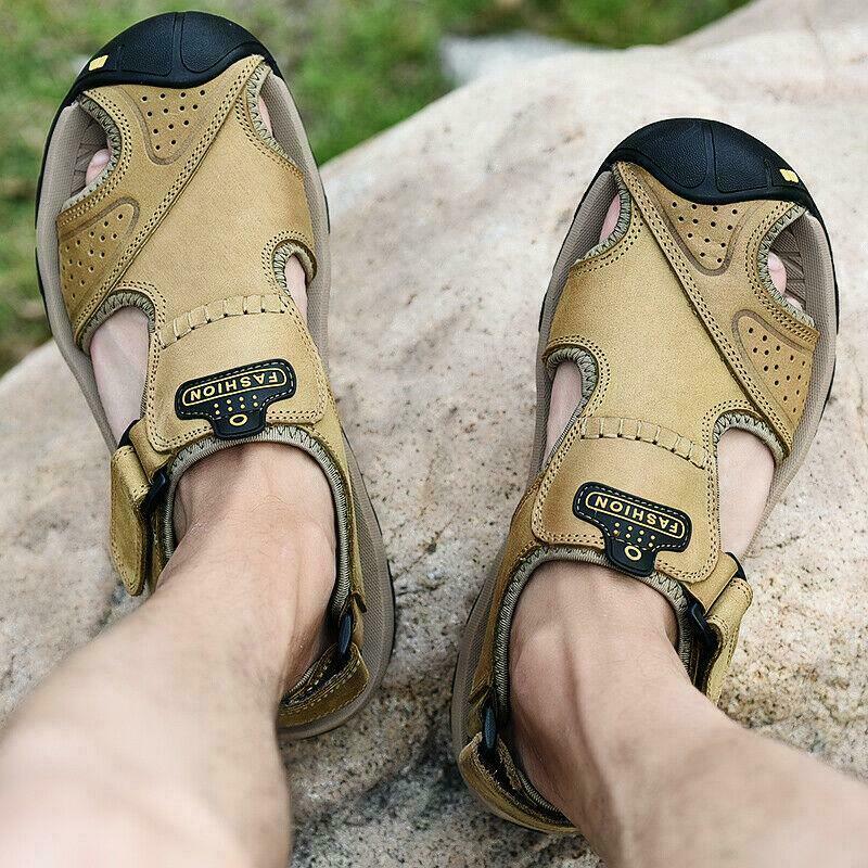 Men Leather Summer Sandals Beach Closed Toe Shoes Sports Outdoor Hiking Thongs