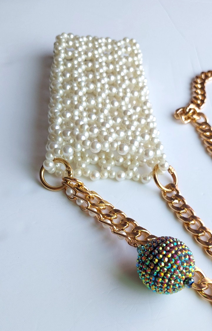 Handmade Pearl Beaded Cell Phone Bag with Gold Chain, Mobile Phone Bag Crossbody