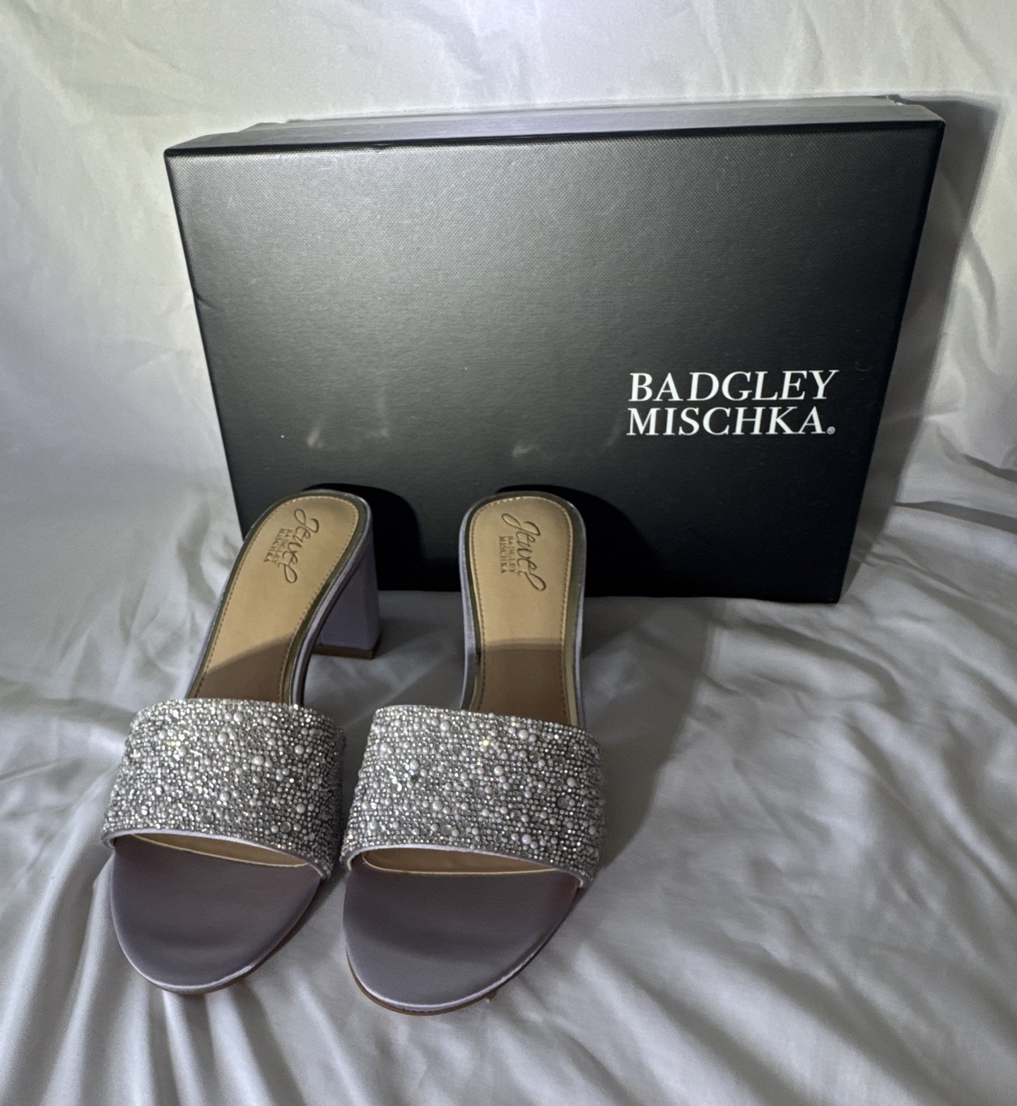 Badgley Mischka Silver Rhinestone Slide Strappy Open Toe Party Wedding 8.5