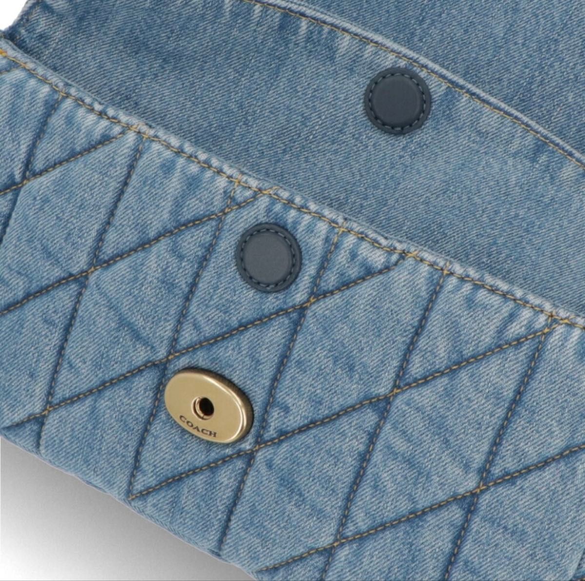 COACH Tabby Shoulder Bag Quilted Denim Leather Chain Strap 2-Way Blue 14x26x8cm