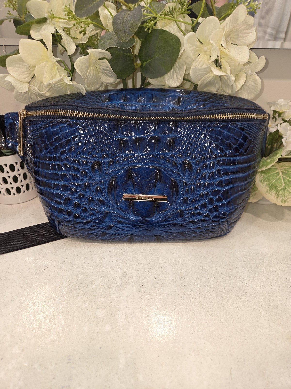 Brahmin Harker Croc Embossed Belt Bag Blue Ombre Leather 3 Way Carry
