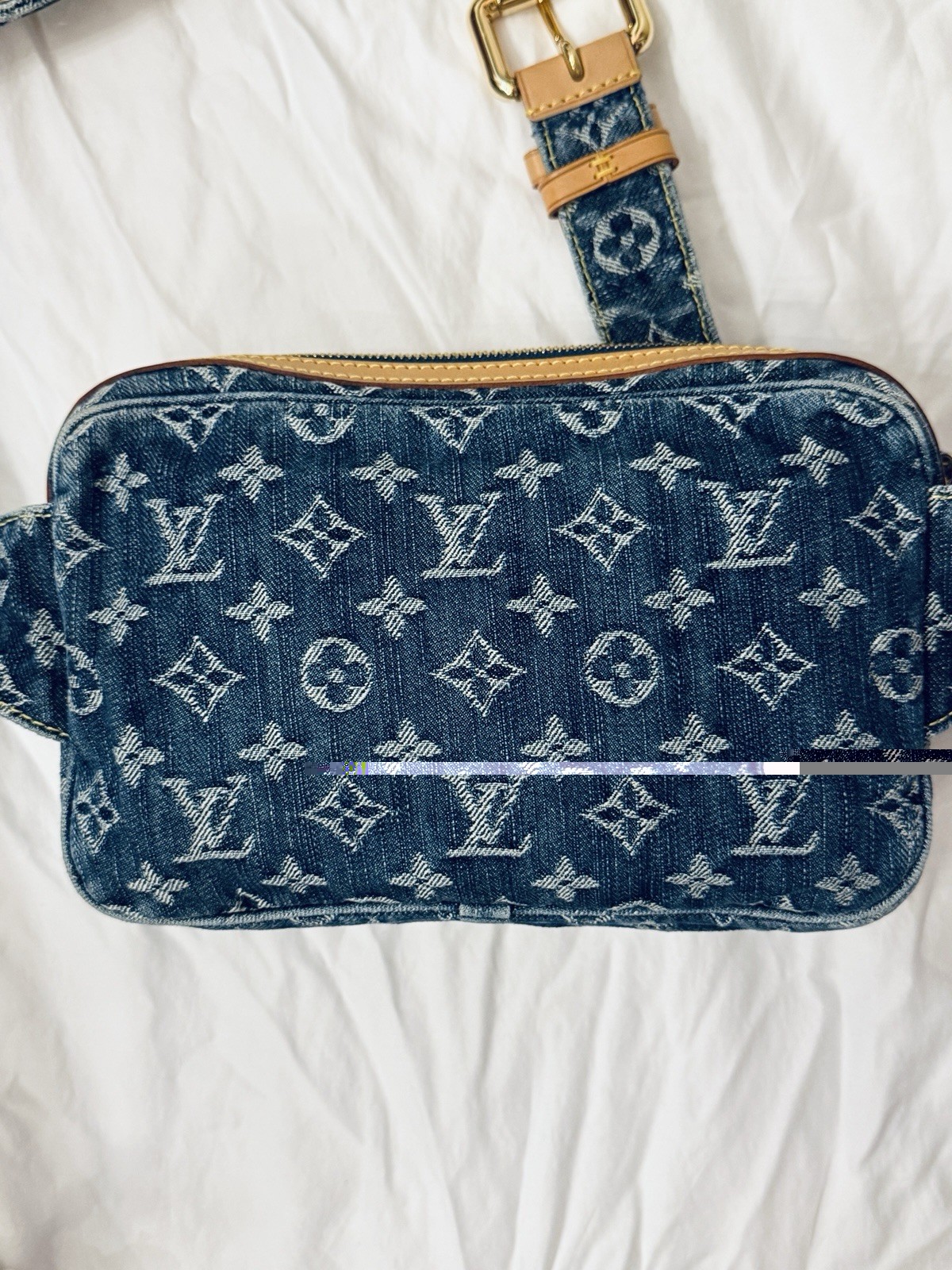 Louis Vuitton Blue Monogram Shoulder Bag Strap Gold Hardware Push Lock Zip