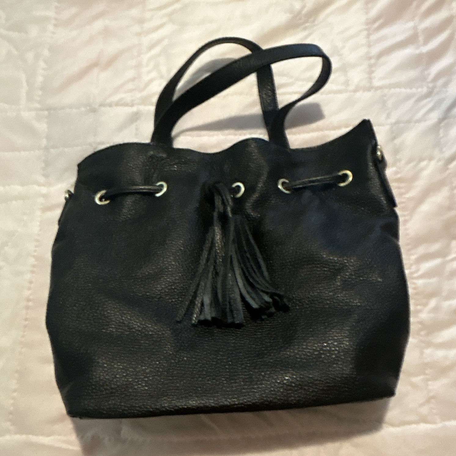 Black Medium Pebbled Drawstring Bucket Bag Tassel, Top Handle, Shoulder Strap