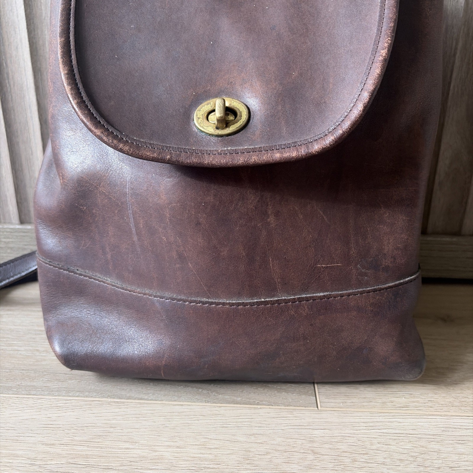 Vintage Coach USA Brown Leather Backpack Turnlock Drawstring Small Bag