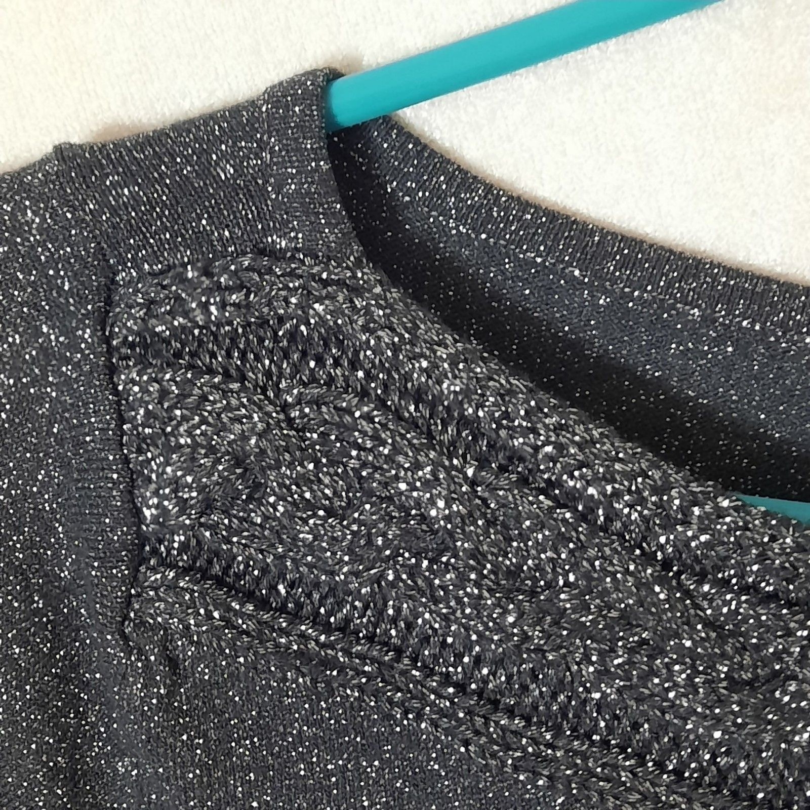Worthington Metallic Lurex Black Silver Sparkle Knit Top Cable Yoke Detail, MED