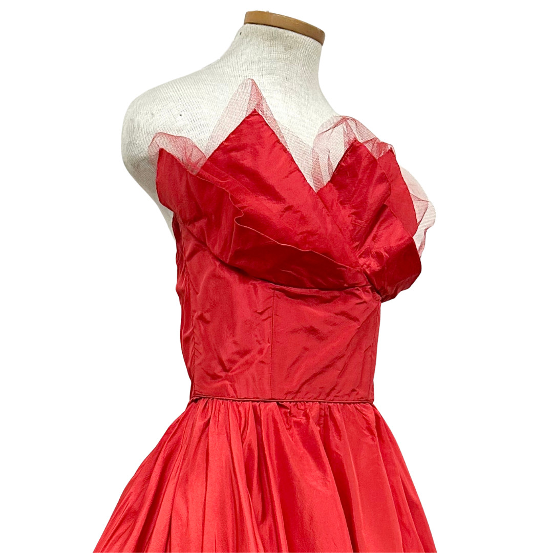 Vintage 1950s Ceil Chapman Red Taffeta Draped Bustle Pointed Bust Dress