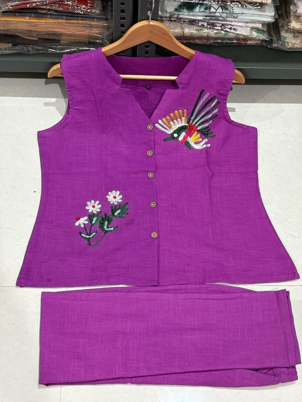 Women Cotton Co-Ord Set Sleeveless Shirt Collar Top & Pants Set