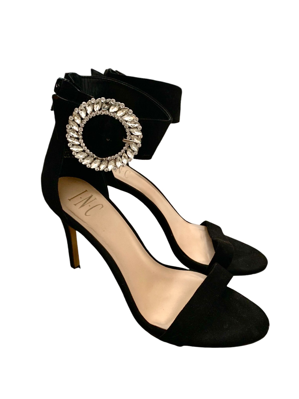 {I.N.C.} Black Stilettos/Heels/Open Toe Sz. 7.5 Velvet w/Rhinestone Buckle