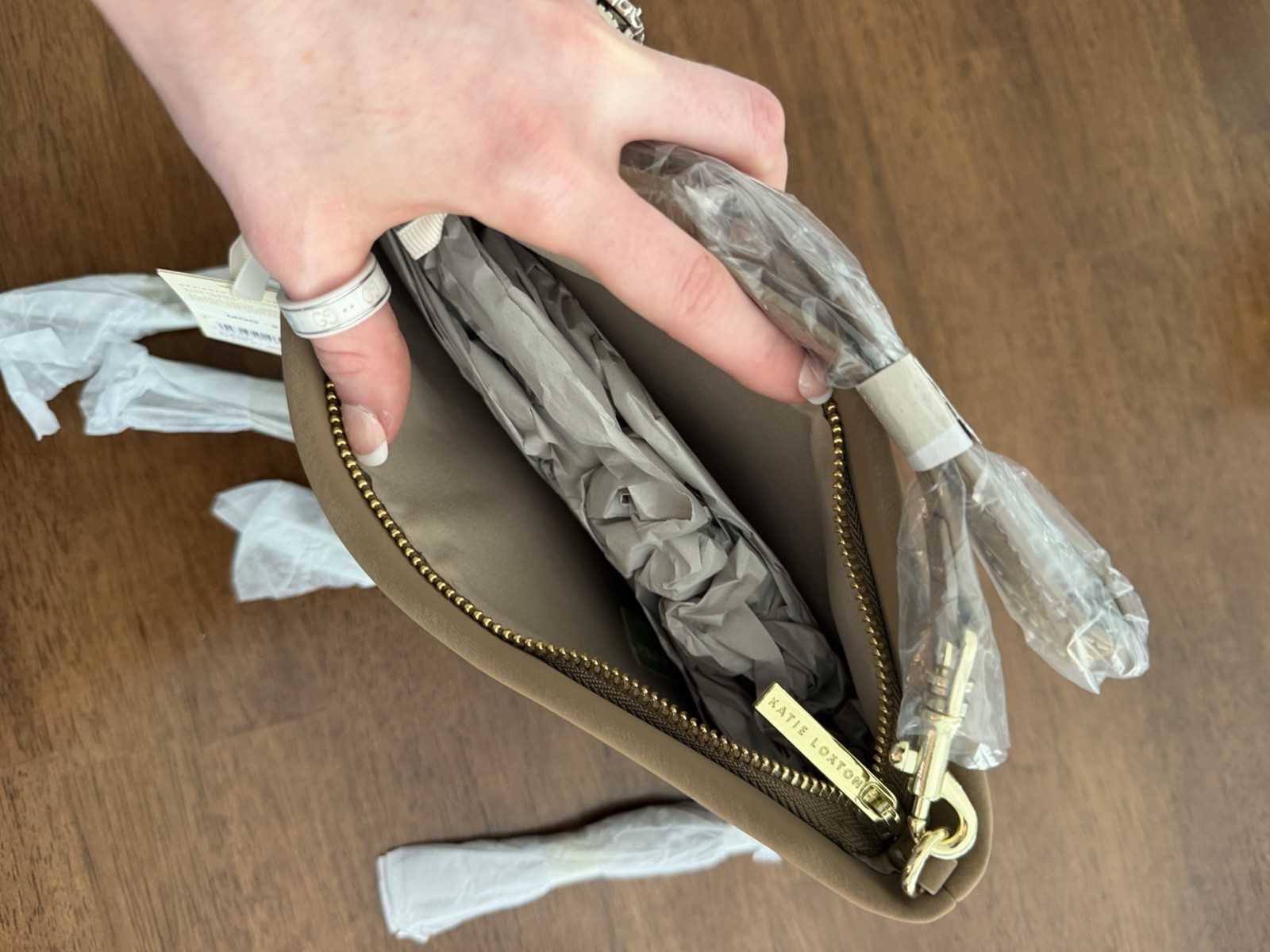 Katie Loxton Taupe Fringe Crossbody Bag Gold Hardware Zip Detachable Strap
