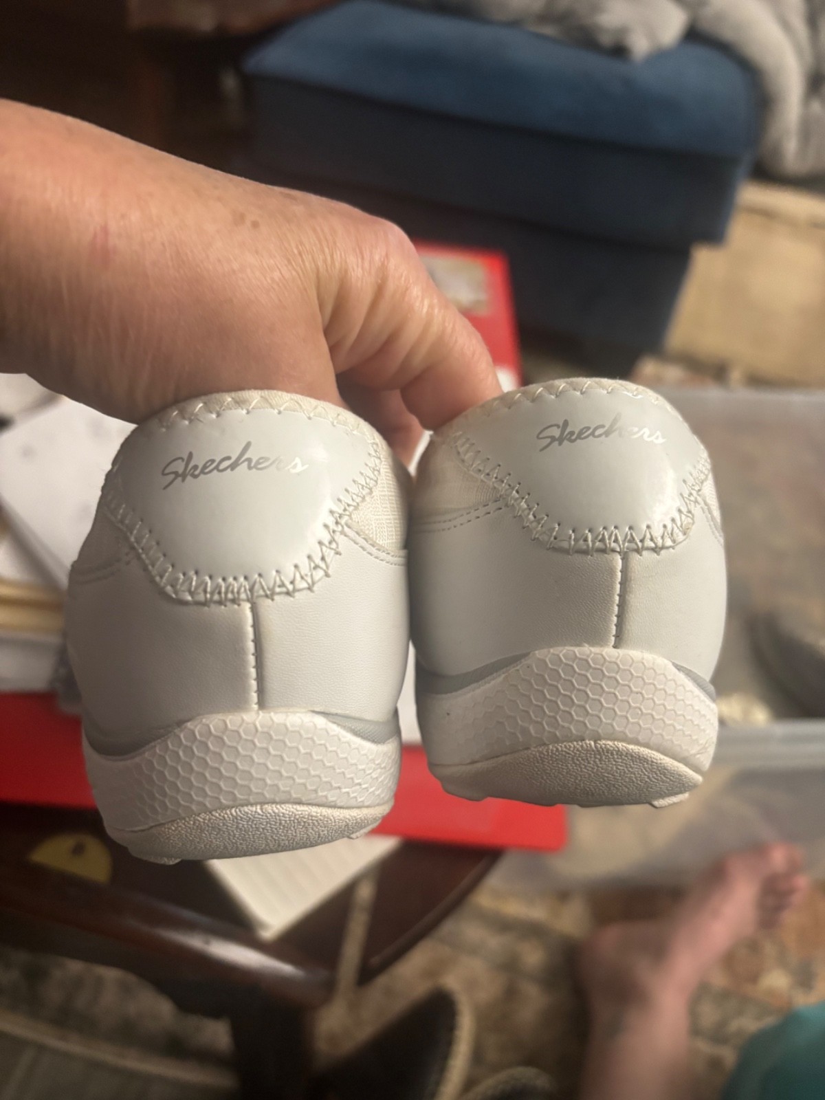White Skechers slide on memory foam
