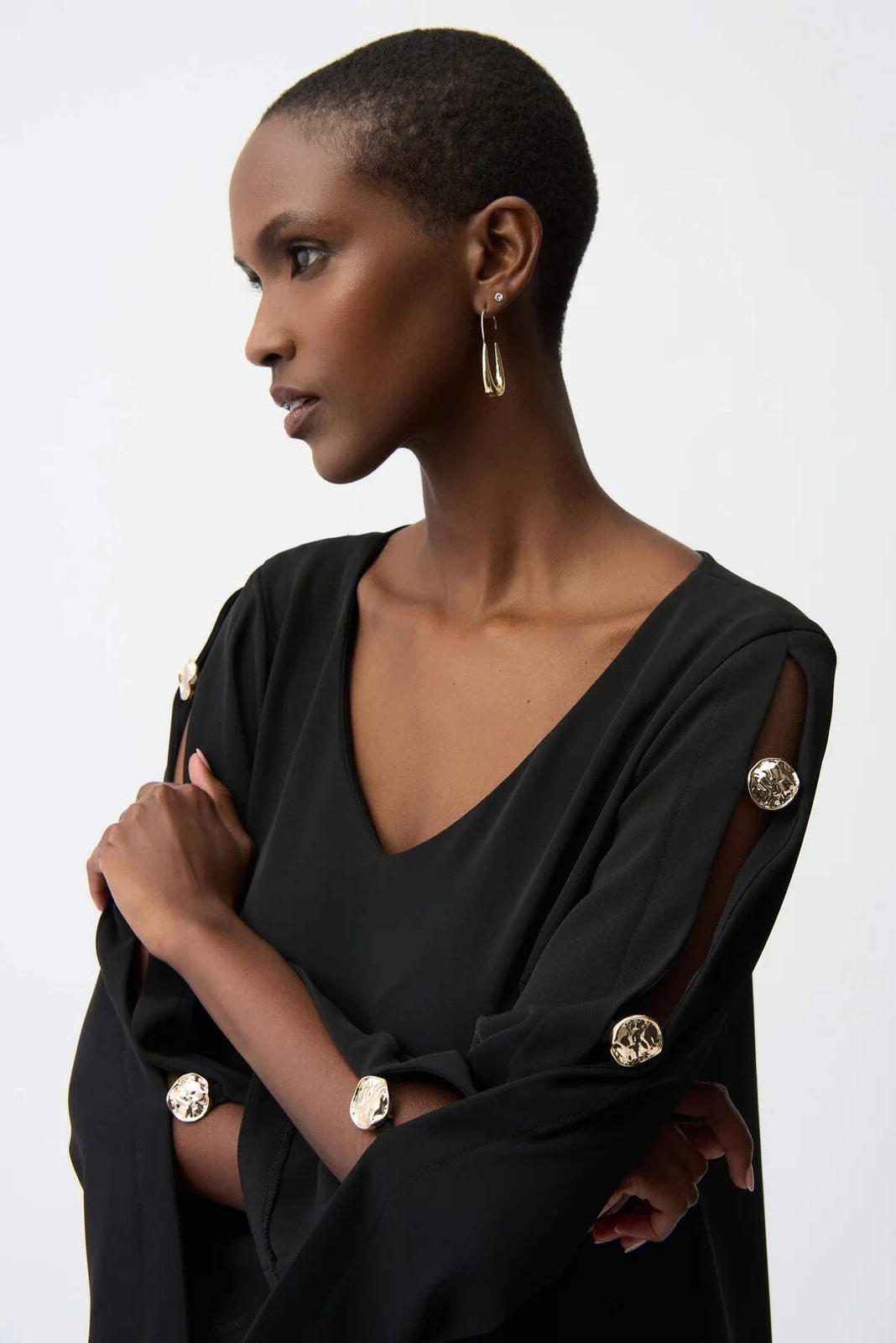 Joseph Ribkoff Black Gold Button Accent Slit Sleeve Shift Dress 261085