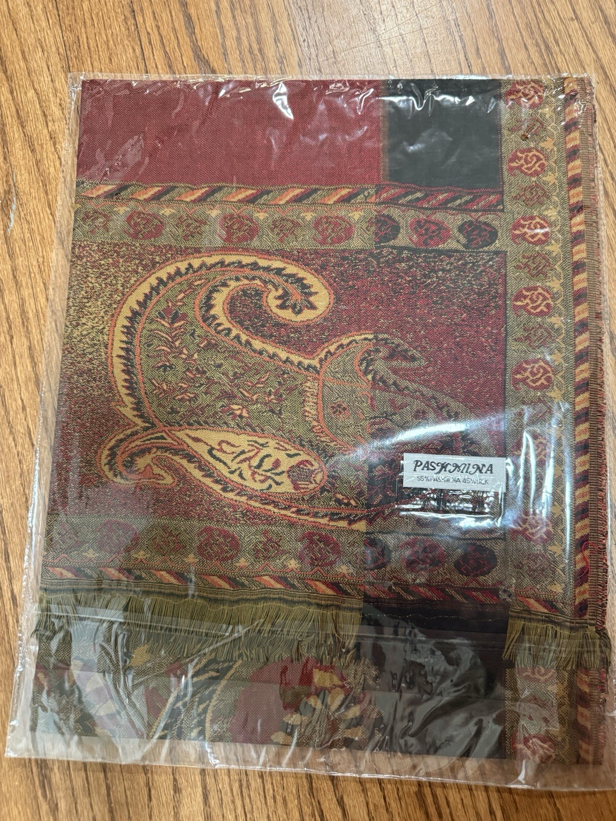 Pashmina Silk Scarf 55% Pashmina 45% Silk Burgundy Olive Paisley Fringe New