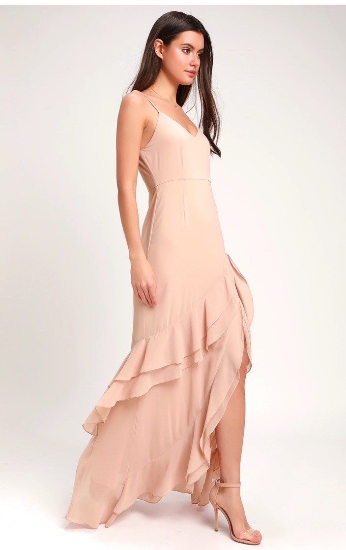Lulus Women’s Beige V-Neck Chiffon Ruffle Maxi Dress Polyester Size M E-7
