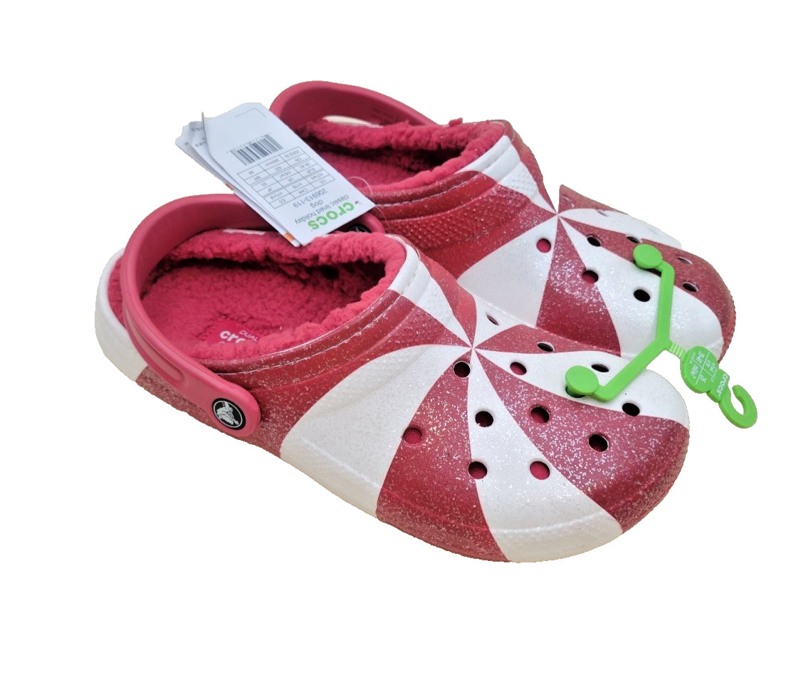 Crocs Classic Lined Holiday Clog Peppermint Glitter Red 206913-119 Women 9 Men 7