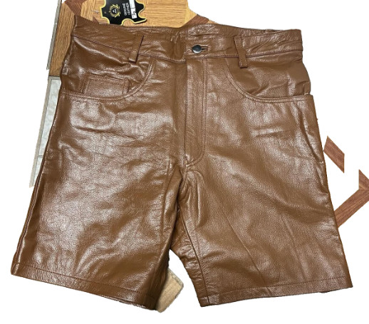 MEN’S COW LEATHER SHORTS BROWN CASUAL 5 POCKETS SHORTS ZIPPER FLY