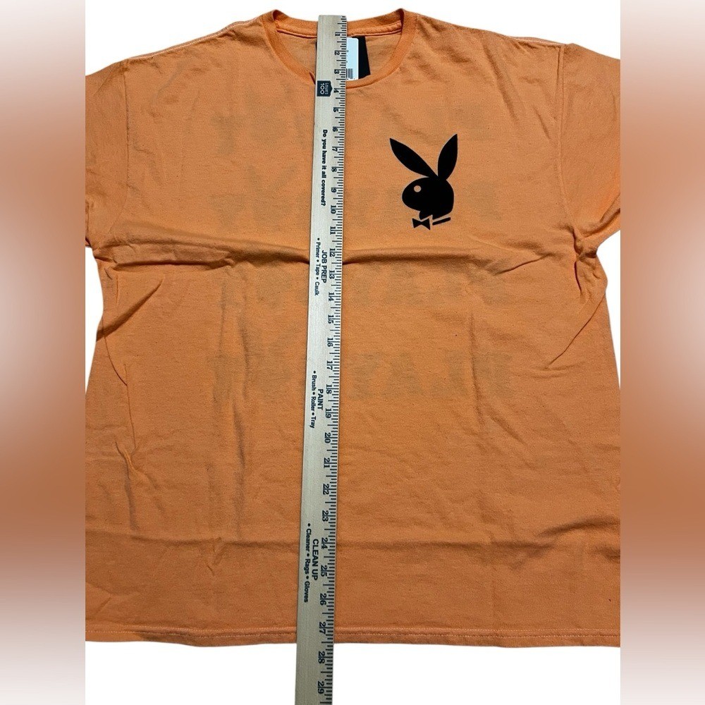 PLAYBOY men’s graphic print shirt orange Tee Black Logo size medium