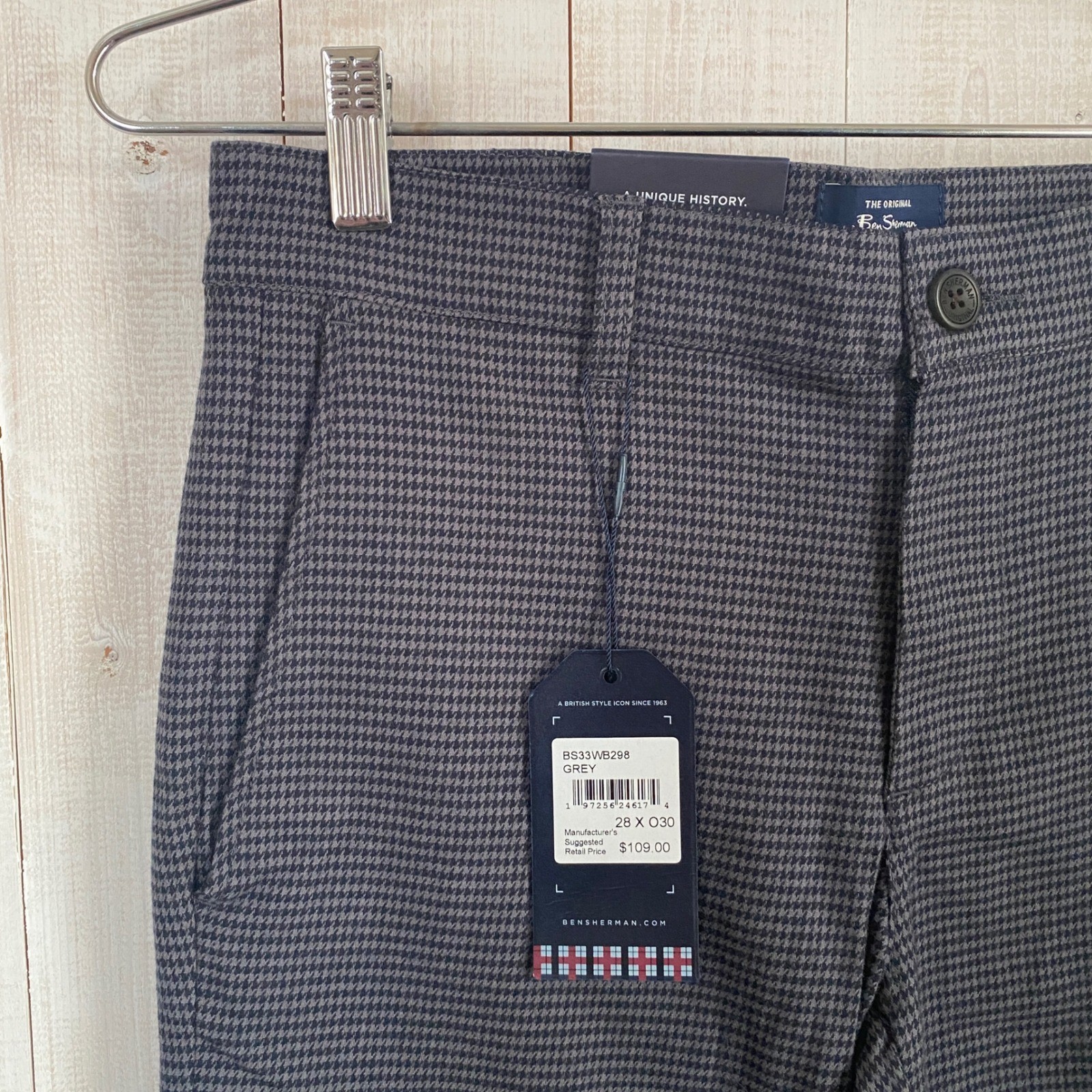 Ben Sherman Mens Grey Houndstooth Straight Fit Stretch Pants 28×30 BS33WB298