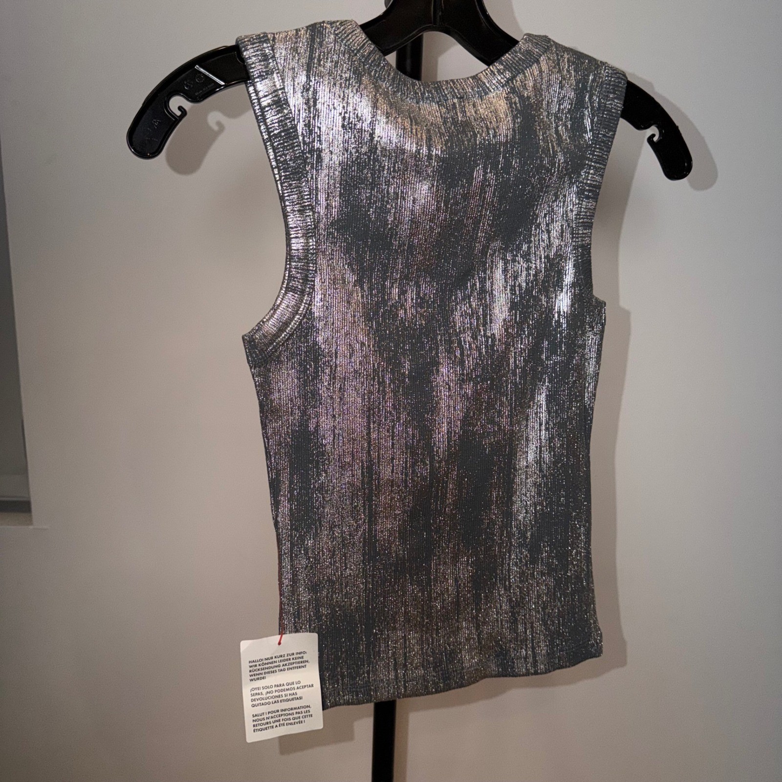 Topshop Womens Metallic Silver Foil Ribbed Knit Tank Top Crew Neck XS NWT