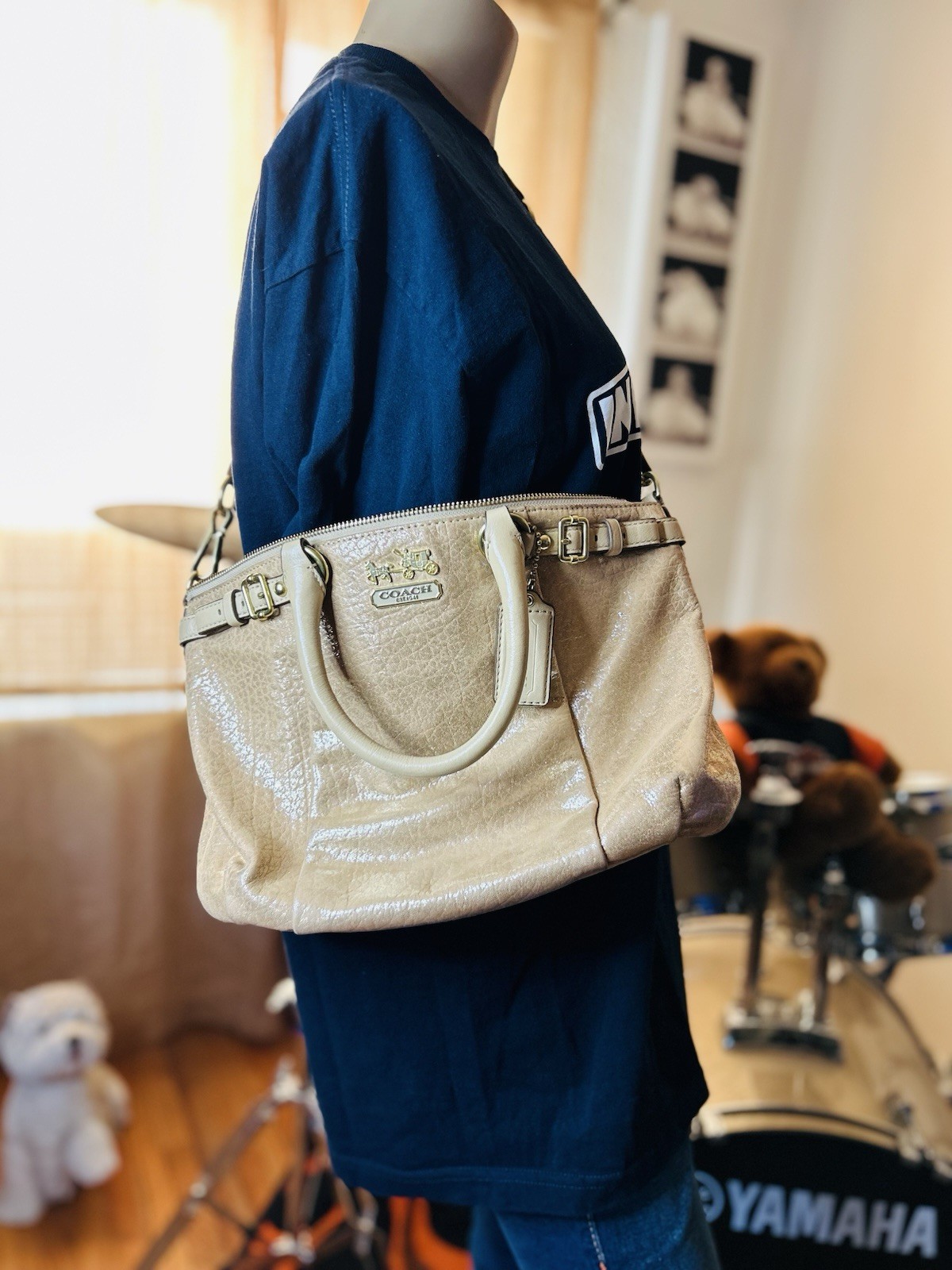 Coach Madison Sophia Champagne Gold Beige pebbled Metallic Leather Satchel Bag
