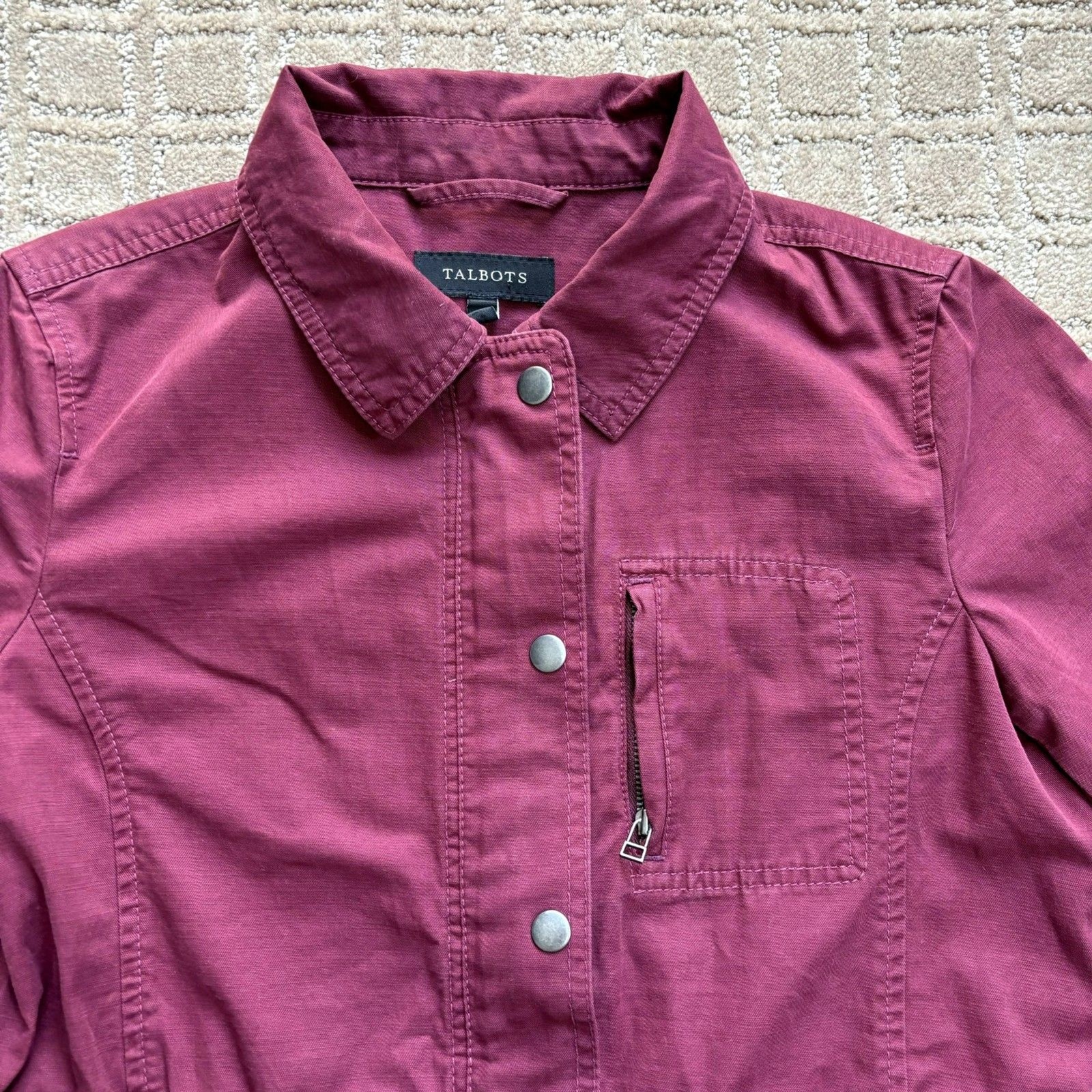 Talbots Utility Safari Jacket Women’s XS Burgundy Adjustable Waist Snap Zipper