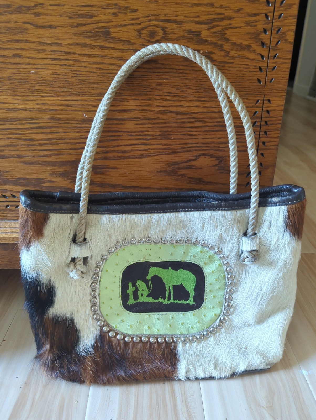 Vtg Cowhide Brown and White Leather Bag Rope Handle Western Very Unique Handmade