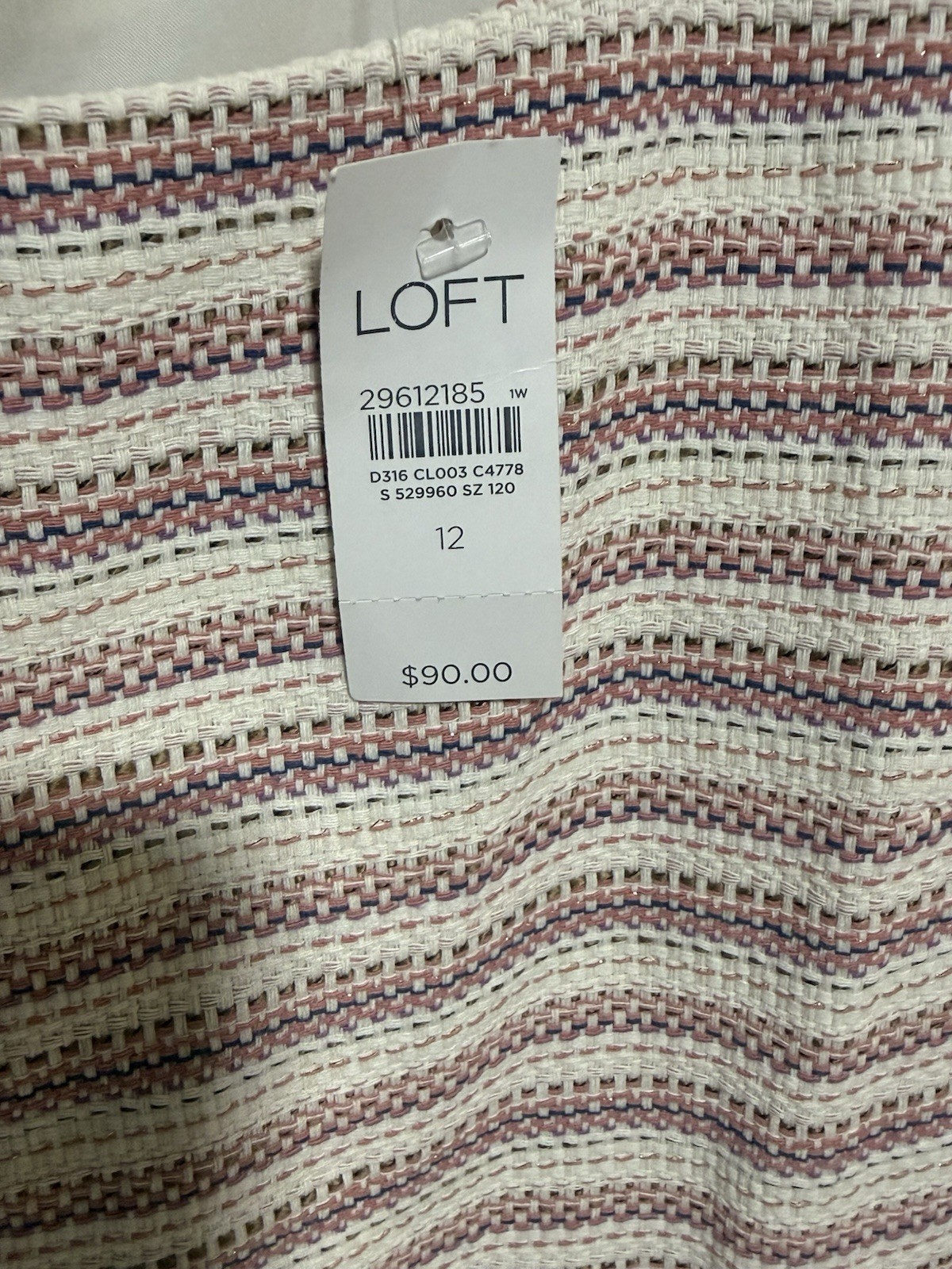 LOFT Ivory Pink Blue Striped Tweed Sheath Dress Square Neck Pockets Zip 12